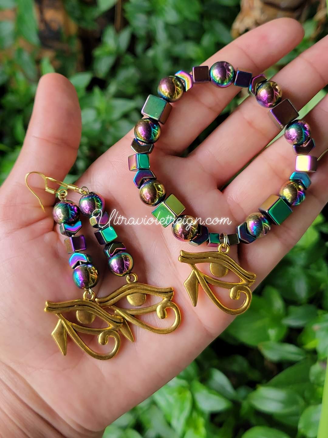UltraViolet Rainbow Hematite Eye Bracelet and Earrings