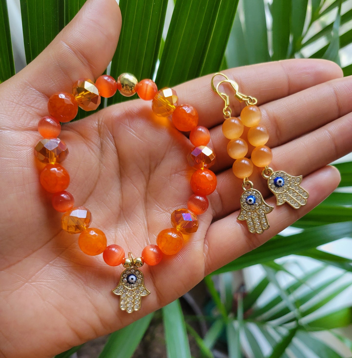 Orange Fire Agate Hamsa Bracelet