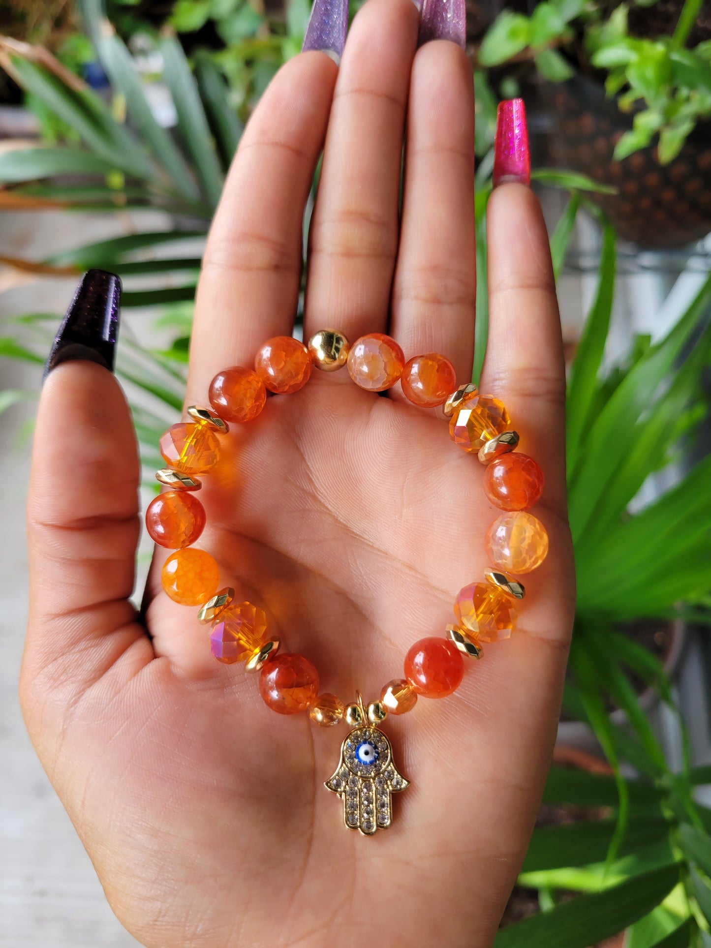 Orange Fire Agate Hamsa Bracelet