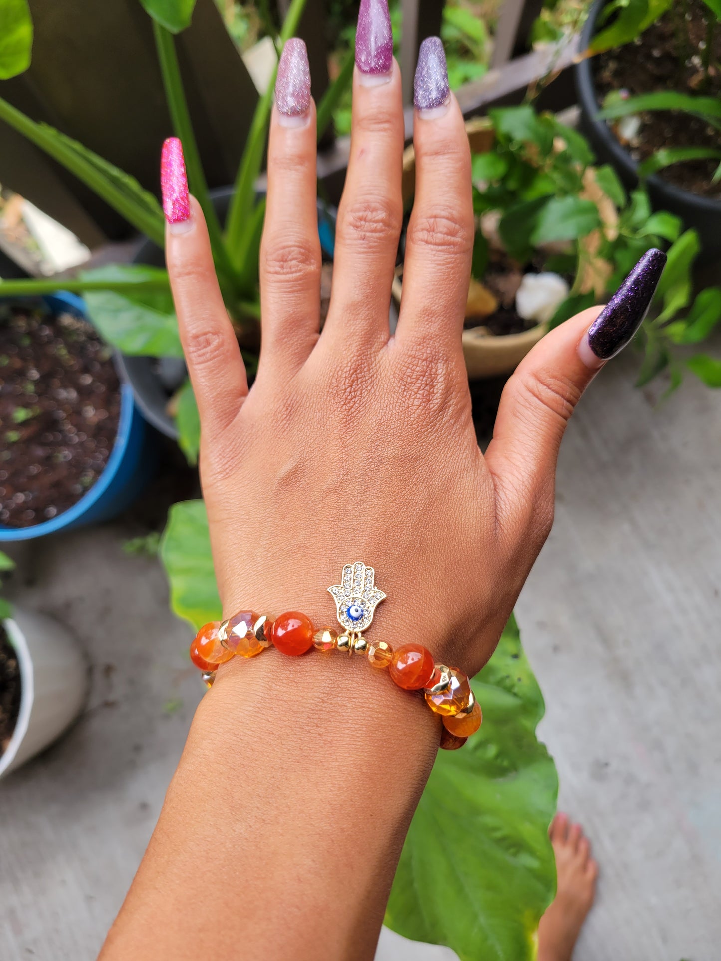 Orange Fire Agate Hamsa Bracelet