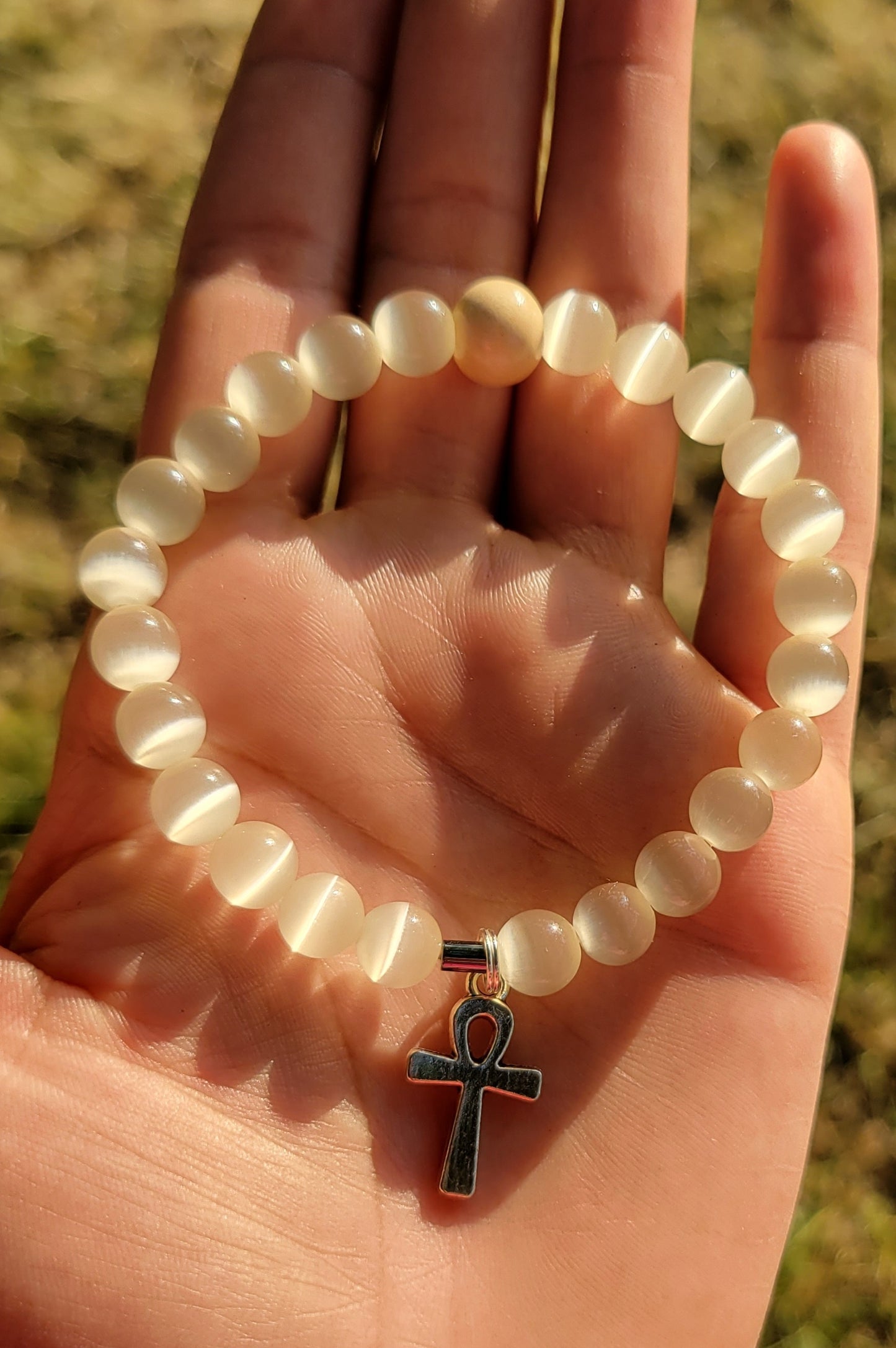 White Cat Eye Ankh Bracelet