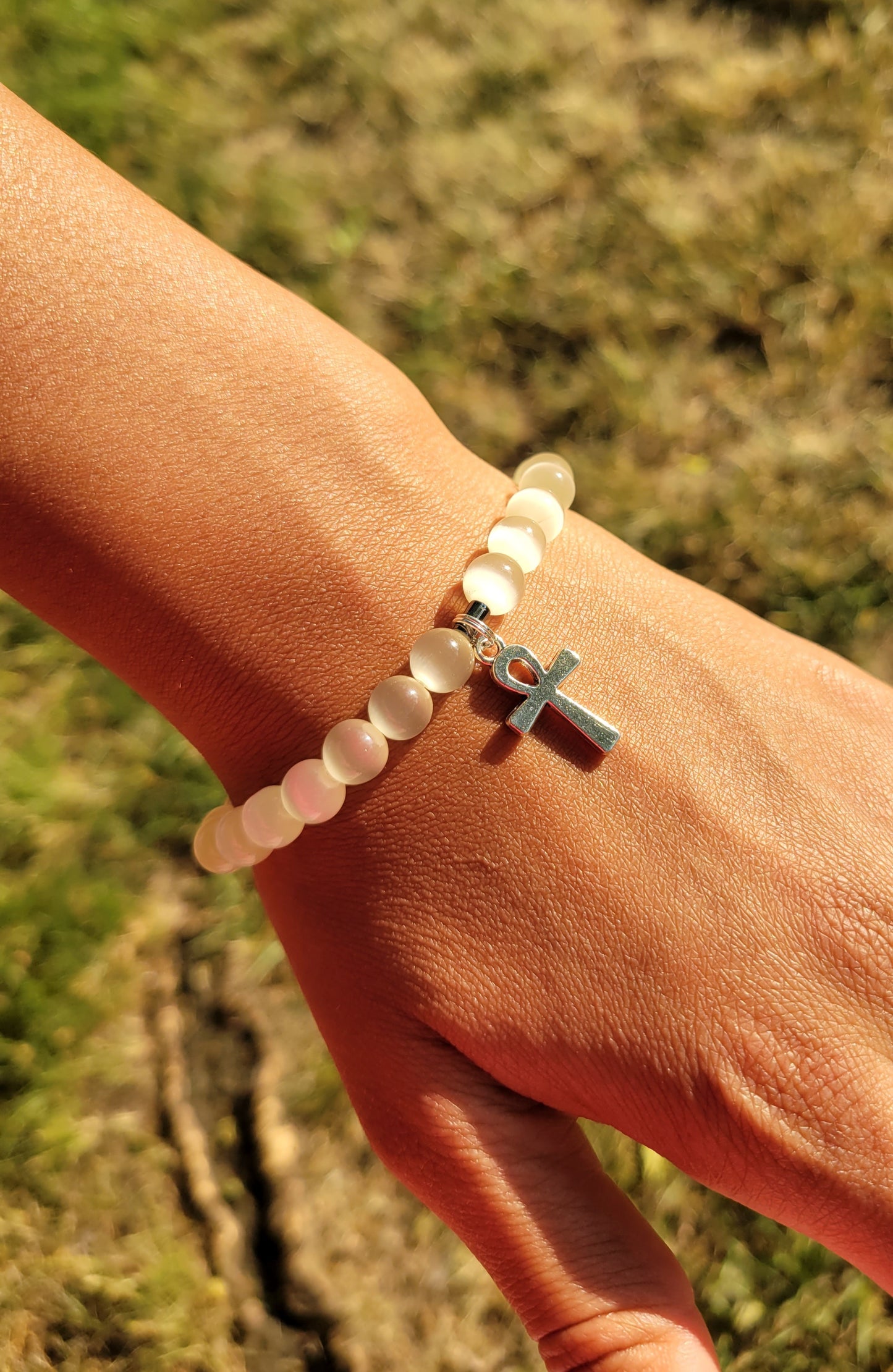 White Cat Eye Ankh Bracelet