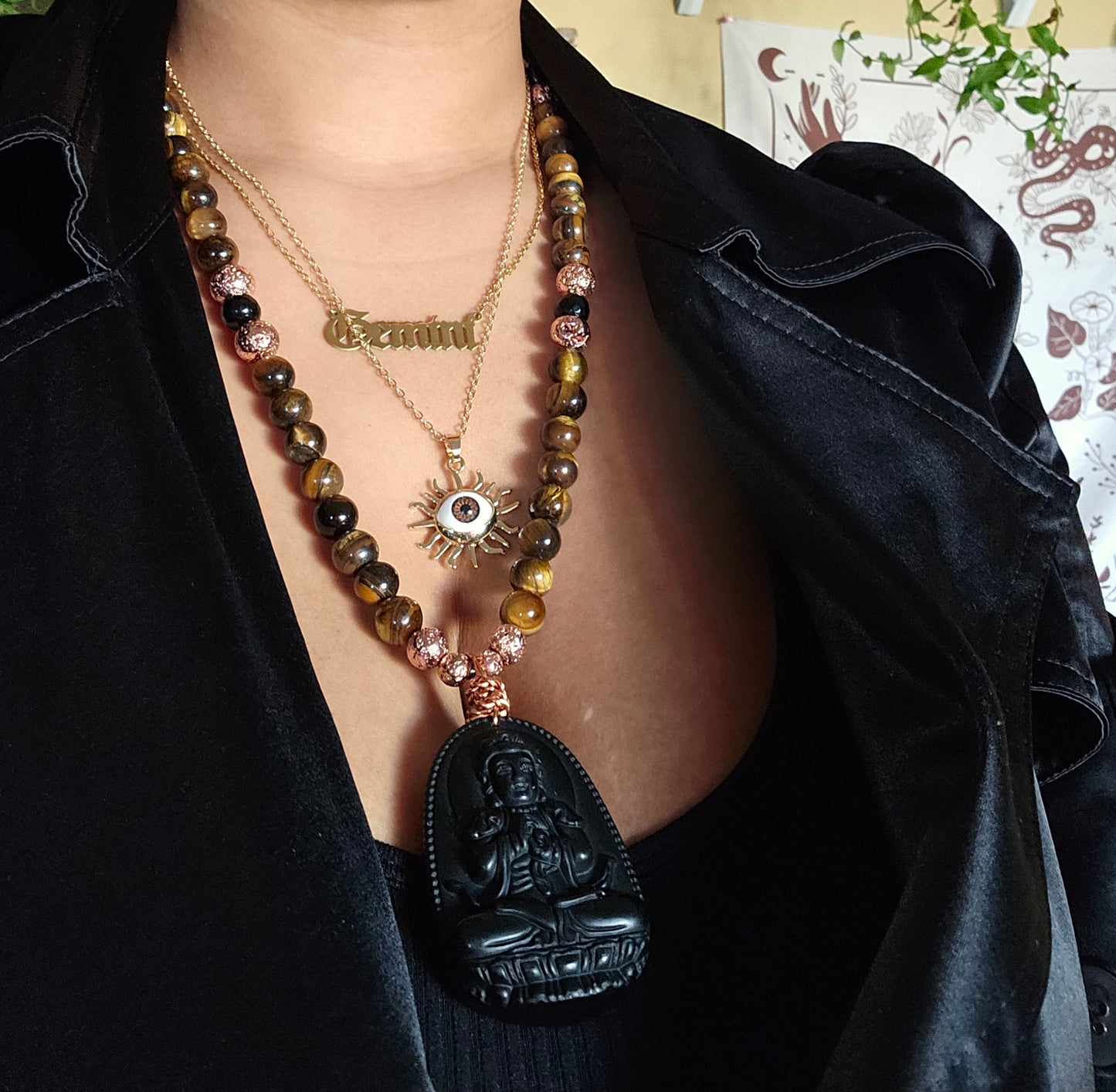 Black Obsidian Carved Buddha Tiger Eye Protection Necklace