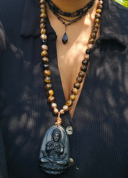 Black Obsidian Carved Buddha Tiger Eye Protection Necklace