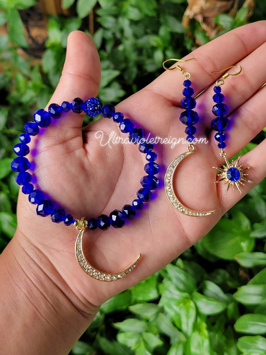Sapphire Moon and Star Earrings Bracelet set