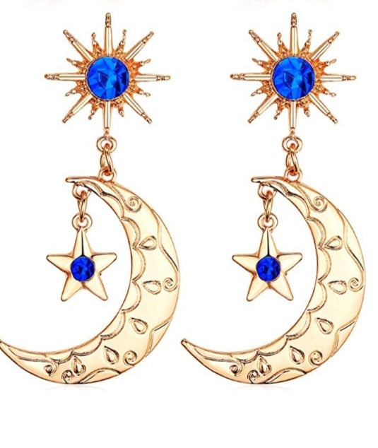 Sapphire Blue Star & Crescent Moon Earrings