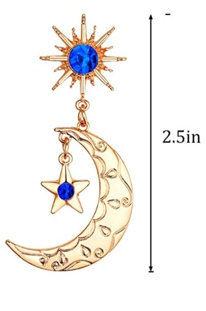 Sapphire Blue Star & Crescent Moon Earrings